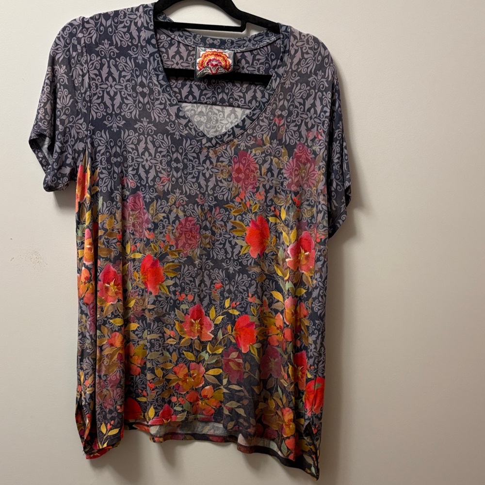 Johnny Was Gray and Red Floral V-Neck Blouse